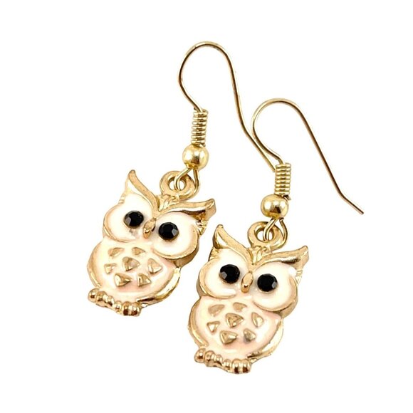 Adorable Owl Dangle Earrings With Pink & White Enamel Accents Gold-Tone Hooks Li - Picture 2 of 6
